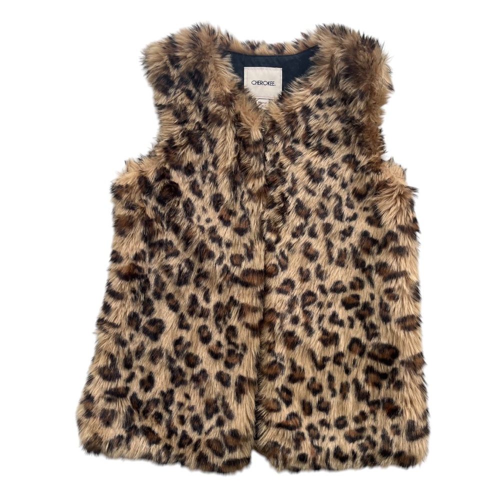 Cherokee Girl’s M Brown Leopard Print Fuzzy Faux Fur Sleeveless, Vest #032048388